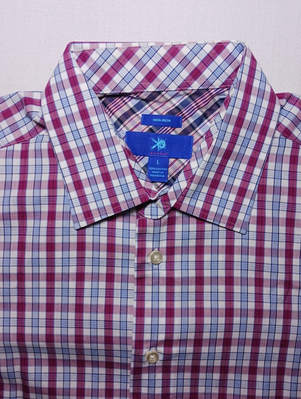 Egara Mens Non Iron Button Up Woven Shirt Large Red Blue White Plaid Long Sleeve